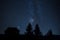 Silhouettes of a huge fir tree and an old vintage house. against the background of the starry sky and the Milky Way.