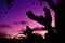 Silhouettes of hunters near the trees with the purple sky in the background