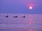 Silhouettes of kayakers in India sunset