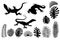 Silhouettes of lizards, gecko and tropical leaves