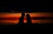 Silhouettes of lovers couple hugging at sunset, sunrise against the backdrop of the sea, sun, clouds in fiery red, orange colors