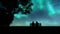 Silhouettes lovers northern lights Beautiful illustration on dark backdrop. Night landscape. Romantic illustration