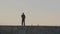 Silhouettes of man and pigeons standing on pier at sunset