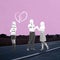 Silhouettes of man and two girl in vintage retro style outfits isolated on pink grey background. Concept of