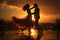 Silhouettes of a man and a woman dancing  sunset sky background  Excellent color  Make it powerful and eye-catching, AI Generated