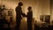 Silhouettes of a man and a woman shake hands and discuss the report. The managers works in the evening in a dark office