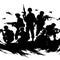 Silhouettes of many soldiers standing in a combat position with helicopters in the background.
