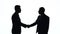 Silhouettes of men in business suits shake hands on a white background in studio