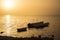 Silhouettes Mexican fishing boats at sunset