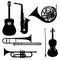 Silhouettes of musical instruments - guitar, french horn, trombone, trumpet and violin. Illustration