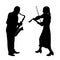 Silhouettes a musician playing the violinon snd saxophone a white background