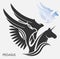 Silhouettes of mythical pegasus horse head. Unicorn emblem with wings. Isolated vector on white background. Simple black and white