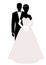 Silhouettes of newlyweds couple wearing wedding clothes. Classic Style. Elegant groom and beautiful bride holding bridal bouquet