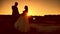 Silhouettes newlyweds of lovers men and women stand face to face on the background of sunset sky outdoors