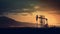 Silhouettes of oil derricks taking oil at dusk with the sun in the background. AI generated