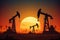 Silhouettes of oil derricks taking oil at dusk with the sun in the background. Generative AI