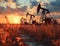 silhouettes of oil pumps against a breathtaking sunset, reflecting the harmony of industry and nature