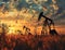 silhouettes of oil pumps against a breathtaking sunset, reflecting the harmony of industry and nature