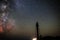 Silhouettes of the Old Lighthouse sandy beach and ocean against the background of the starry sky