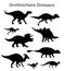 Silhouettes of ornithischian dinosaurs. Set. Side view. Monochrome vector illustration of black silhouettes of dinosaurs