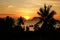 Silhouettes of palm trees and ship on the background of orange sunset on the sea