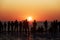 Silhouettes of people against the setting sun on deck of a cruise ship