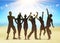 Silhouettes of people dancing on beach themed background