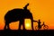 Silhouettes of people and elephants