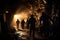 Silhouettes of people at the fire in the mine. 3D rendering, Silhouette of miners with headlamps entering an underground coal mine