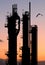 Silhouettes of refinery towers at sunset with bird flying past.