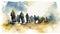 Silhouettes of Refugees Walking Up the Road in Blue and Yellow Watercolor. Ideal for Posters and Landing Pages.