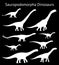 Silhouettes of sauropodomorpha dinosaurs. Set. Side view. Monochrome vector illustration of white silhouettes of