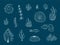 Silhouettes of sea life outline isolated on dark blue background. Vector Hand drawn illustrations of engraved line.