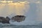 Silhouettes of seals ion the big rock island under big wave