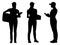 Silhouettes set of delivery female worker holding carbord box and folder in different poses