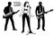 Silhouettes Set of Pop Music Singer Woman with Musicians. Girl singing, men playing on keytar and electric guitar.