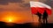 Silhouettes of soldiers with national flag on background of sunset. Polish Armed Forces.