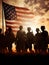 Silhouettes of Soldiers at Sunset Patriotic USA Flag Salute, ai generated