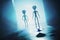 Silhouettes of spooky aliens and bright light in background. 3D rendered illustration.