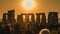 Silhouettes standing in majestic ancient ruins at dusk generated by AI
