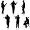 Silhouettes street musicians playing instruments. Vector illustration