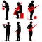 Silhouettes street musicians playing instruments on a white background