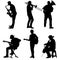 Silhouettes street musicians playing instruments on a white background