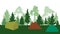Silhouettes of tents and forest fir trees and pines, camp. Vector illustration