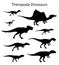 Silhouettes of theropoda dinosaurs. Set. Side view. Monochrome vector illustration of black silhouettes of dinosaurs