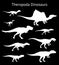 Silhouettes of theropoda dinosaurs. Set. Side view. Monochrome vector illustration of white silhouettes of dinosaurs