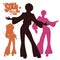 Silhouettes of three dancing soul, funk or disco.