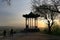 Silhouettes of tourists and a Chinese Gazebo. Pyatigorsk, Russia