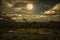 Silhouettes of trees against night sky with clouds and bright full moon. Vintage tone.