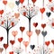 Silhouettes of trees and hearts all around, white background